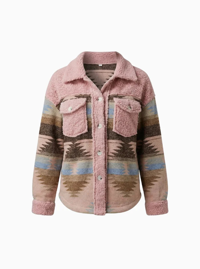 Aztec Sherpa Jacket – Western Pattern Coat with Button Pockets-Womens Jackets-