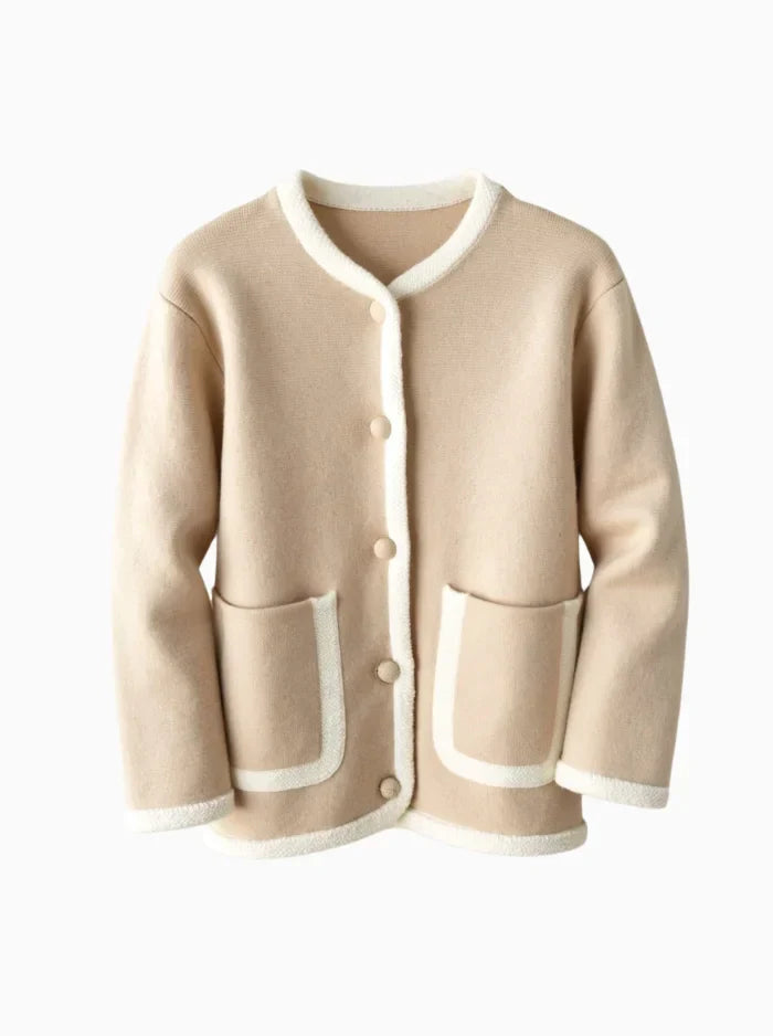 Contrast Trim Knit Cropped Jacket with Pockets-Womens Jackets-