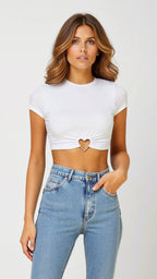 Heart Detail Cropped T-Shirt – Fitted Jersey Crop Top-Crop Tops-White-S-