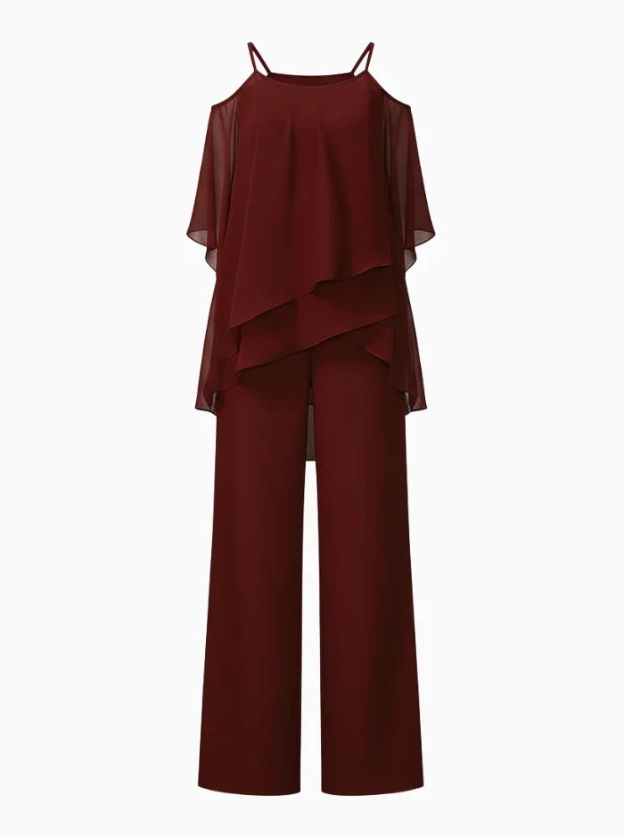 Elegant Cold Shoulder Layered Jumpsuit Set-Womens Jumpsuits-