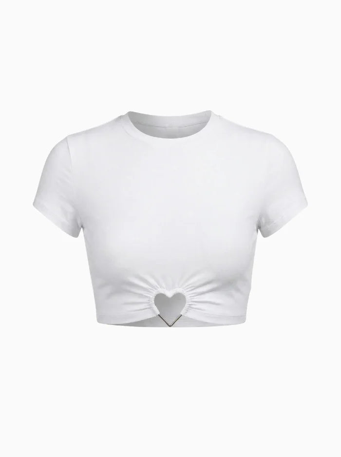 Heart Detail Cropped T-Shirt – Fitted Jersey Crop Top-Crop Tops-