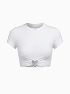Heart Detail Cropped T-Shirt – Fitted Jersey Crop Top-Crop Tops-