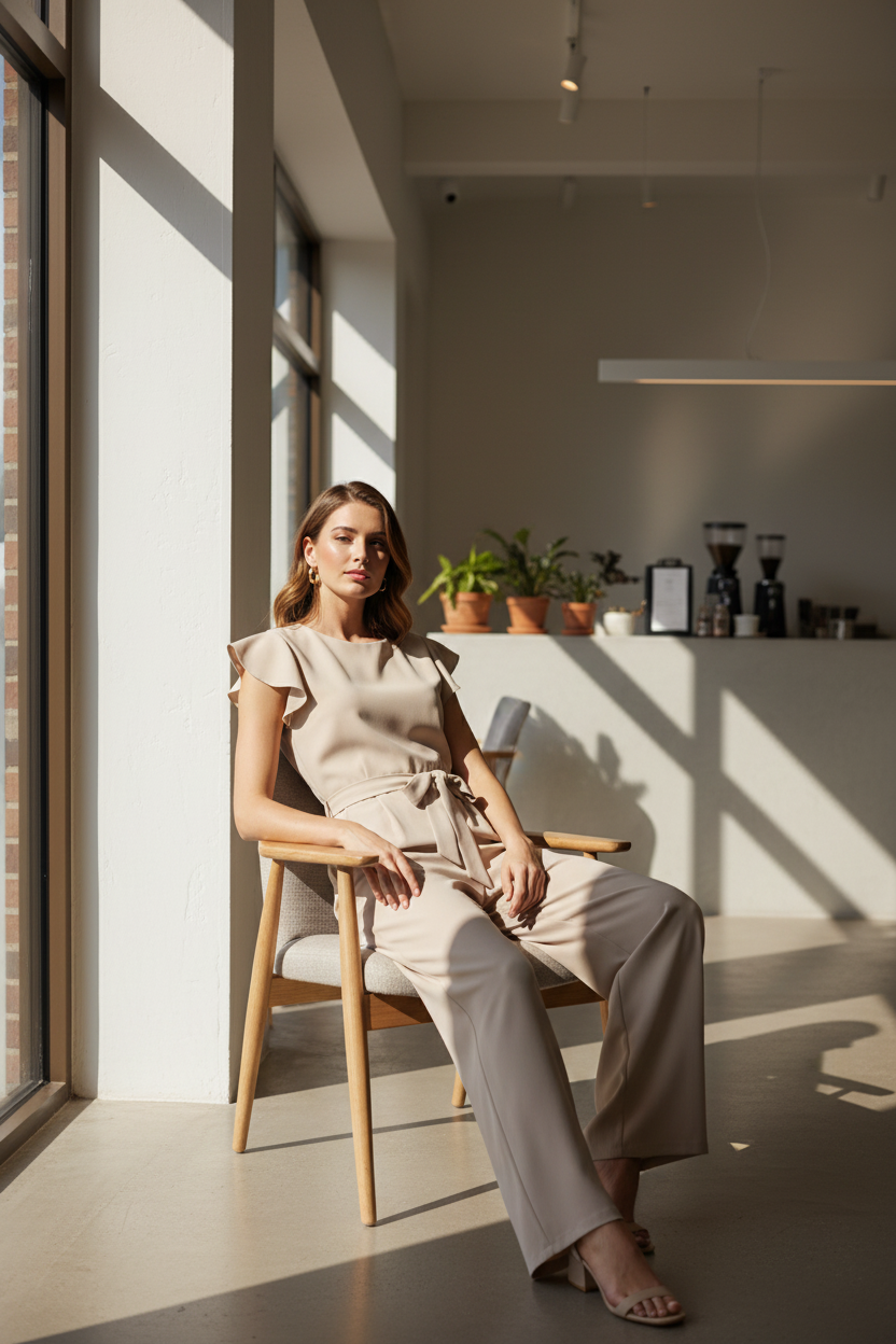 Ruffle Sleeve Belted Jumpsuit-Womens Jumpsuits-