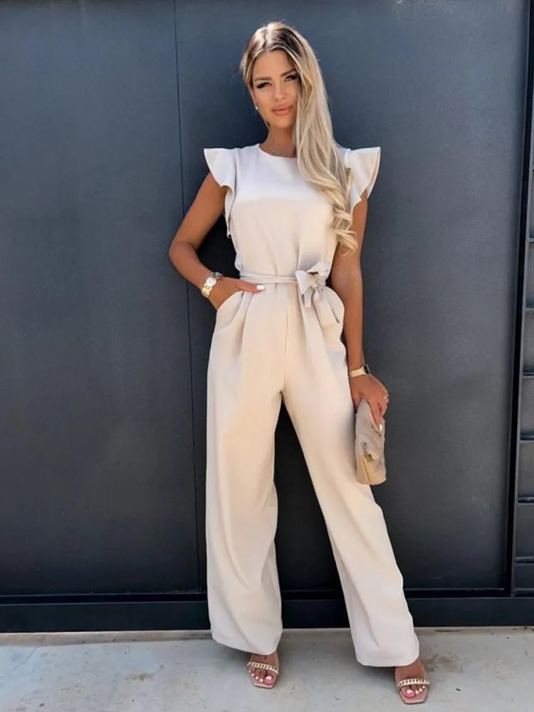 Ruffle Sleeve Belted Jumpsuit-Womens Jumpsuits-