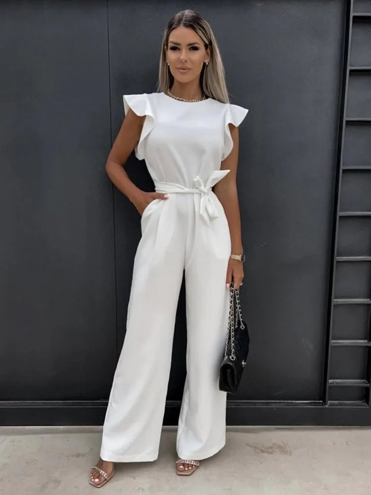 Ruffle Sleeve Belted Jumpsuit-Womens Jumpsuits-