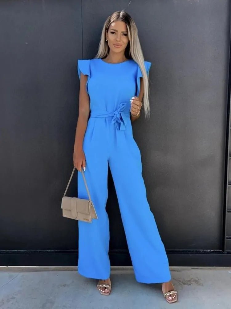 Ruffle Sleeve Belted Jumpsuit-Womens Jumpsuits-