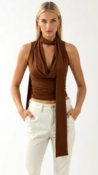 Draped Cowl Neck Scarf Tank Top-Tank Top-Brown-S-