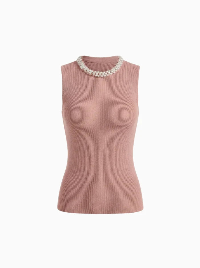 Pearl Detail Ribbed Tank Top-Tank Top-