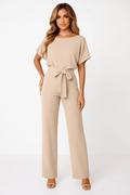 Belted Jumpsuit – Elegant Wide Leg One Piece-Womens Jumpsuits-Beige-S-