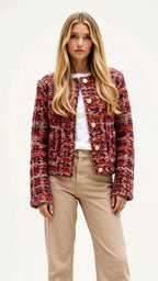 Bouclé Mélange Cropped Jacket with Gold Buttons-Womens Jackets-Burgundy-S-