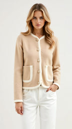 Contrast Trim Knit Cropped Jacket with Pockets-Womens Jackets-Beige-S-