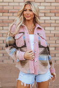 Aztec Sherpa Jacket – Western Pattern Coat with Button Pockets-Womens Jackets-Pink-S-