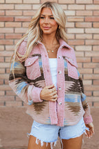 Aztec Sherpa Jacket – Western Pattern Coat with Button Pockets-Womens Jackets-Pink-S-