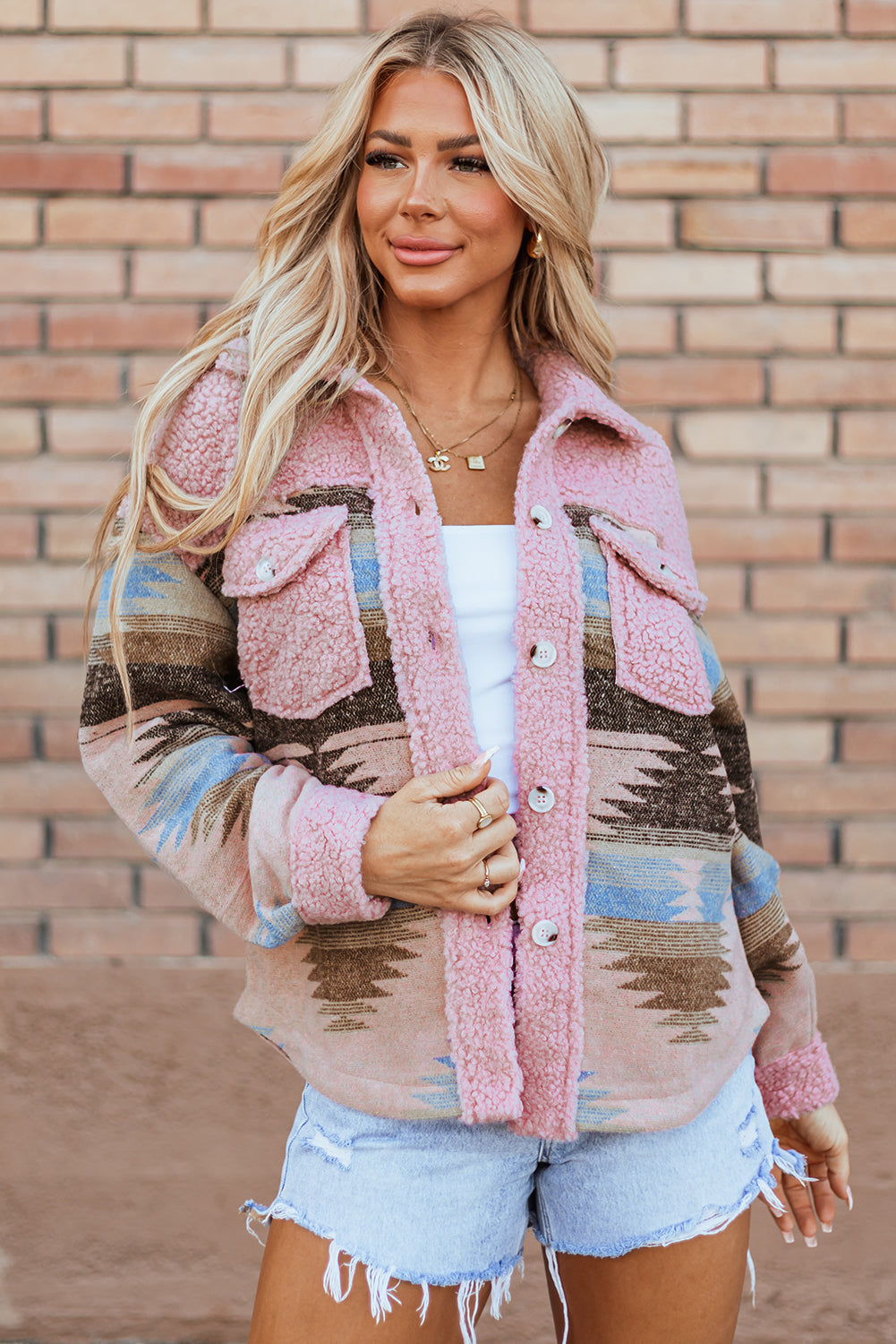 Aztec Sherpa Jacket – Western Pattern Coat with Button Pockets-Womens Jackets-Pink-S-