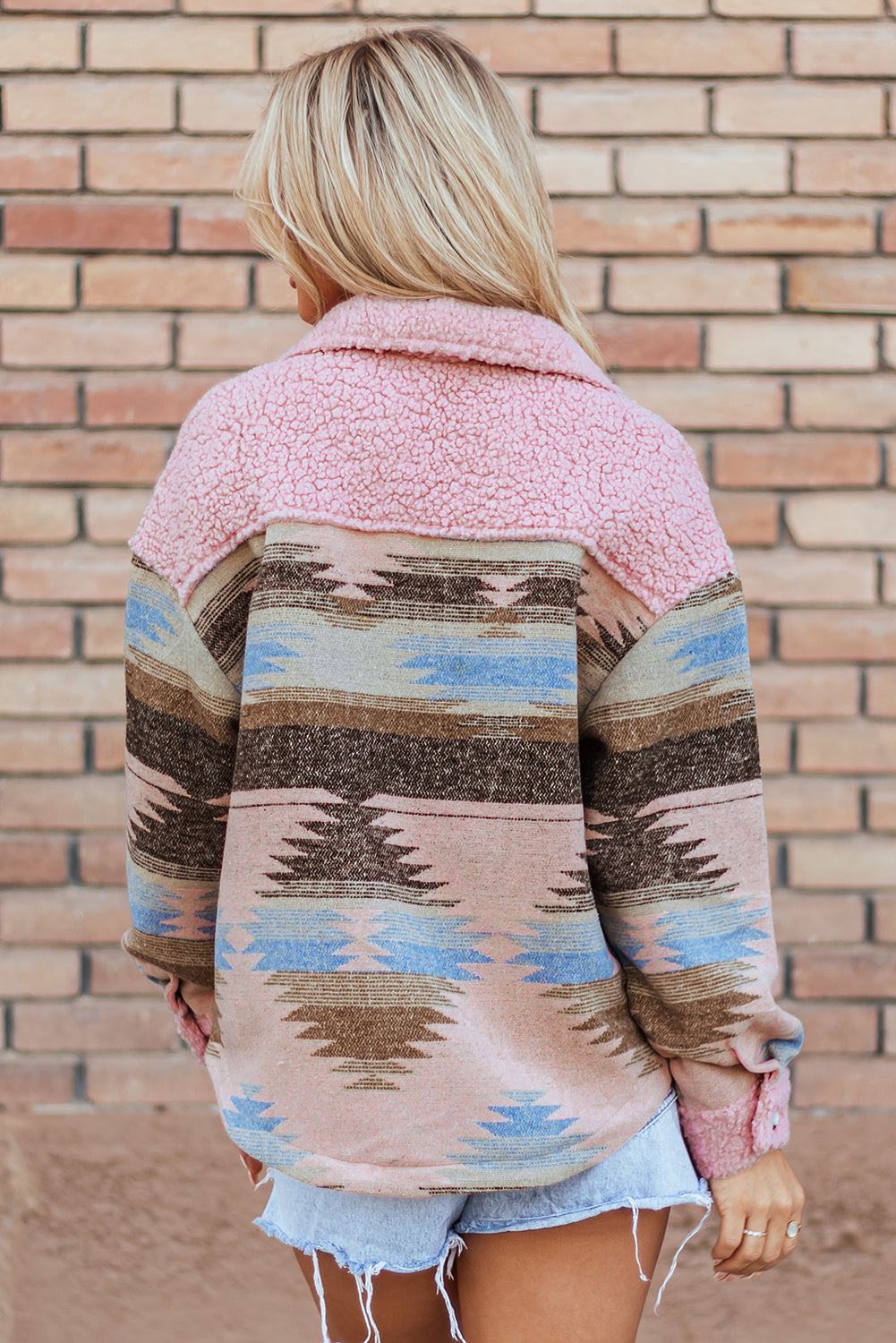 Aztec Sherpa Jacket – Western Pattern Coat with Button Pockets-Womens Jackets-