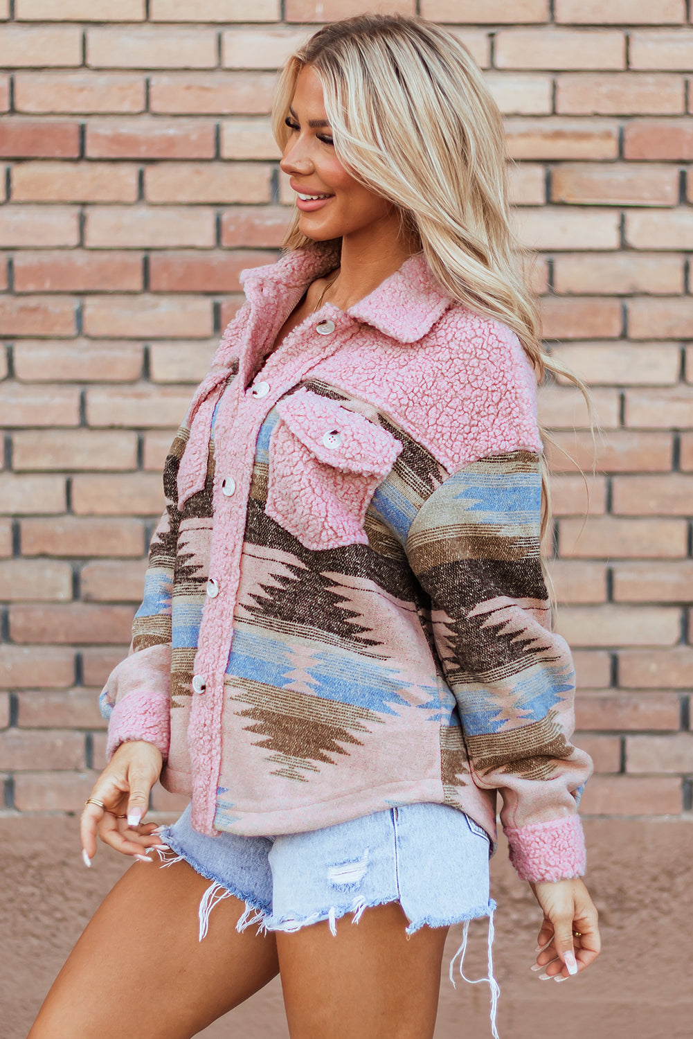 Aztec Sherpa Jacket – Western Pattern Coat with Button Pockets-Womens Jackets-
