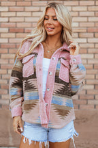 Aztec Sherpa Jacket – Western Pattern Coat with Button Pockets-Womens Jackets-