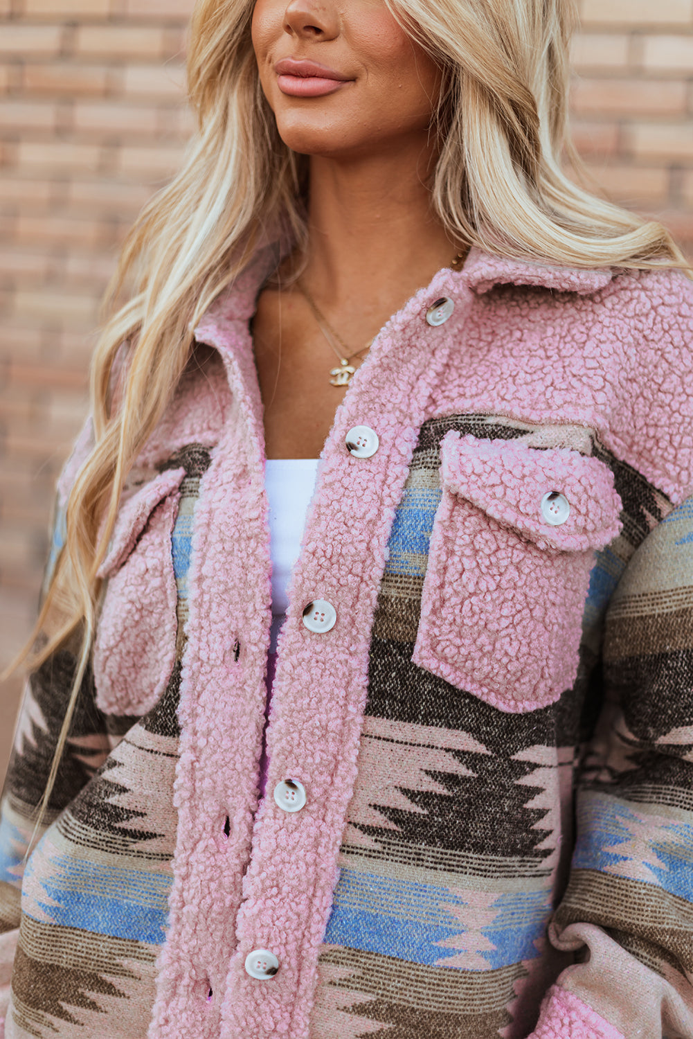 Aztec Sherpa Jacket – Western Pattern Coat with Button Pockets-Womens Jackets-