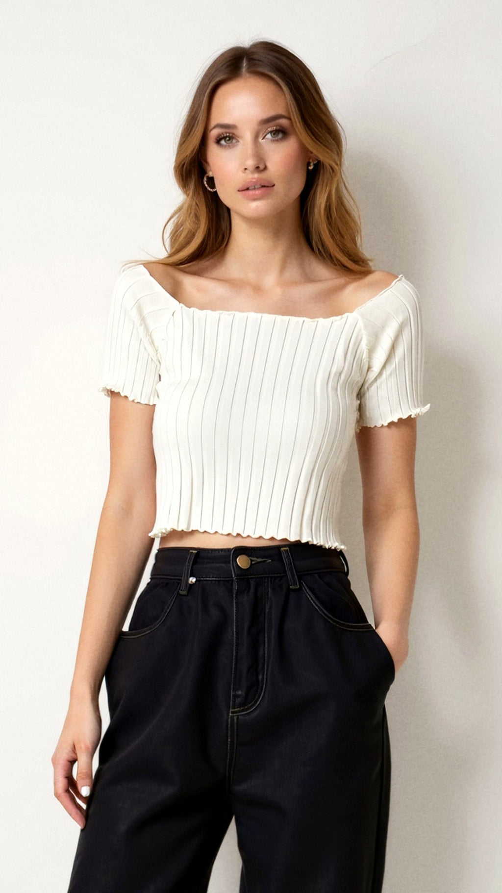 Soft Ribbed Square Neck Puff Sleeve Top-Crop Tops-White-One Size-