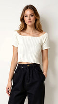 Soft Ribbed Square Neck Puff Sleeve Top-Crop Tops-White-One Size-