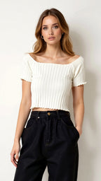 Soft Ribbed Square Neck Puff Sleeve Top-Crop Tops-White-One Size-