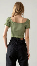 Soft Ribbed Square Neck Puff Sleeve Top-Crop Tops-