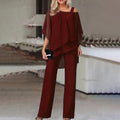 Elegant Cold Shoulder Layered Jumpsuit Set-Womens Jumpsuits-Burgundy-S-