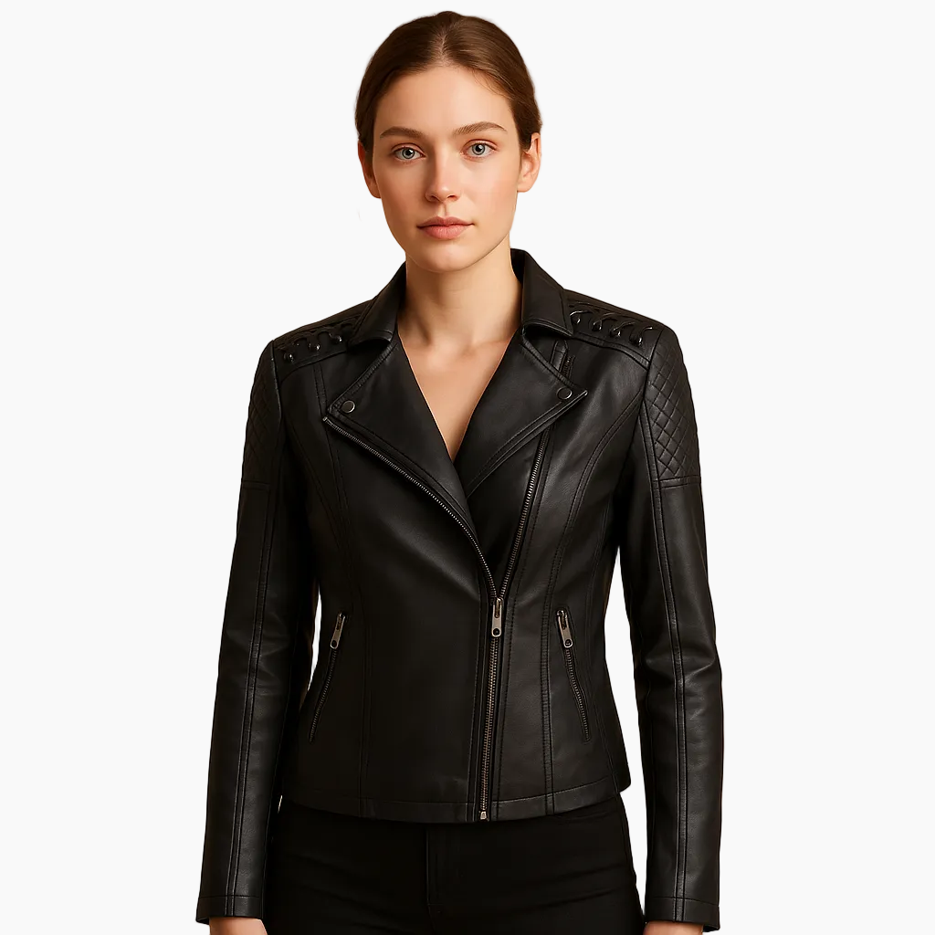 Faux Leather Biker Jacket-Womens Jackets-
