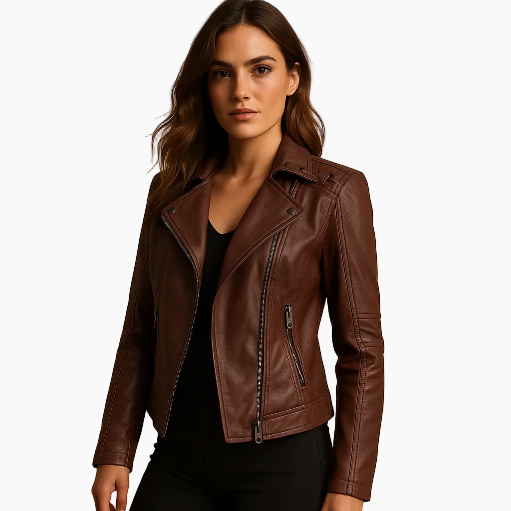 Faux Leather Biker Jacket-Womens Jackets-Dark Brown-S-