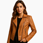 Faux Leather Biker Jacket-Womens Jackets-Brown-S-