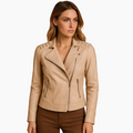 Faux Leather Biker Jacket-Womens Jackets-Beige-S-