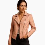Faux Leather Biker Jacket-Womens Jackets-Pink-S-